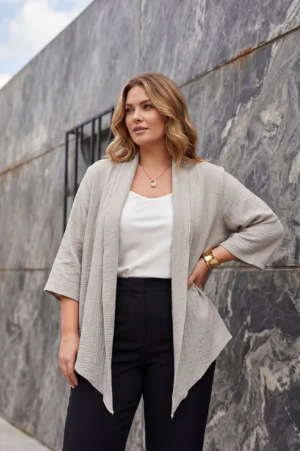 Plain Textured Open Front Cotton Cardigan